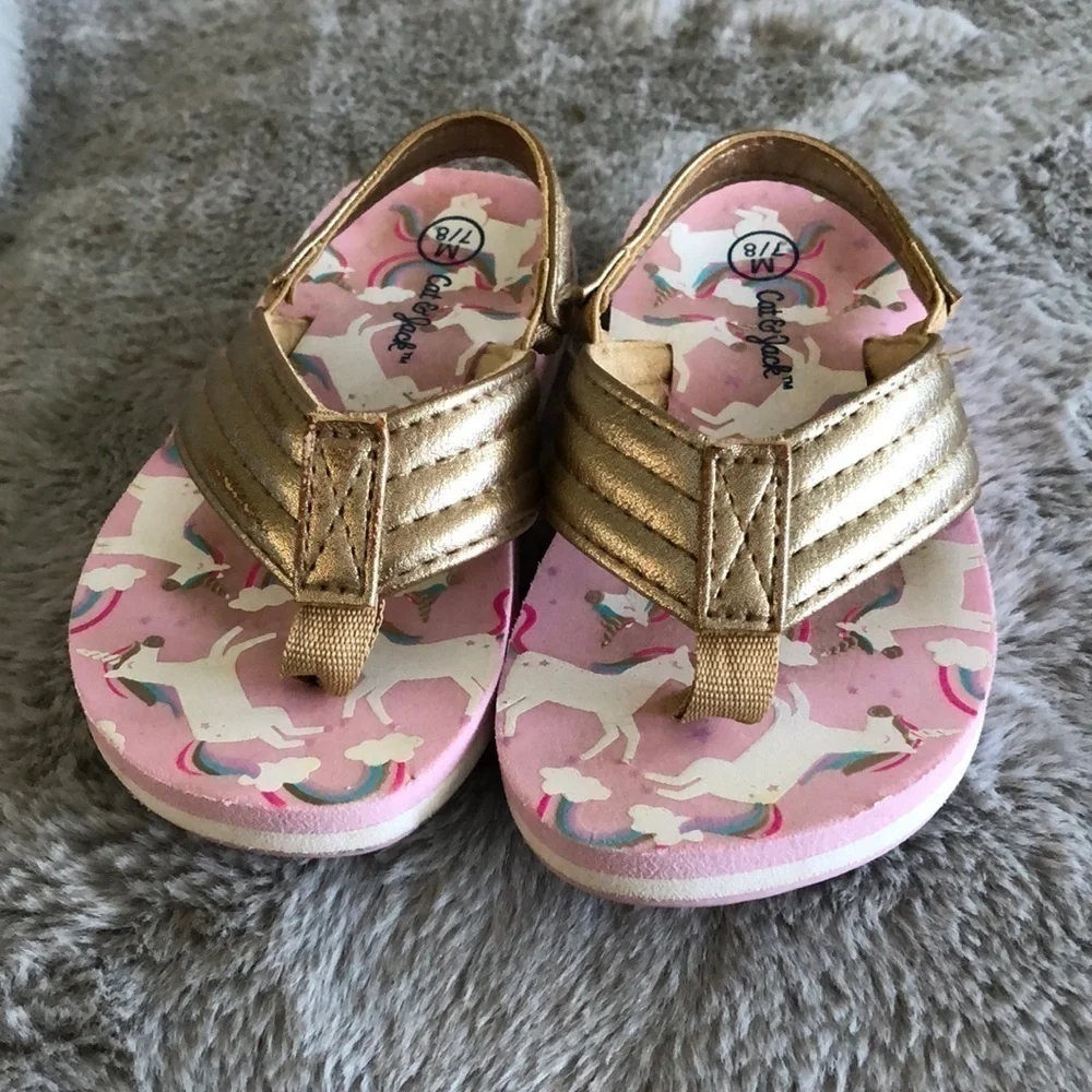 Unicorn pink and gold toddler flip flops